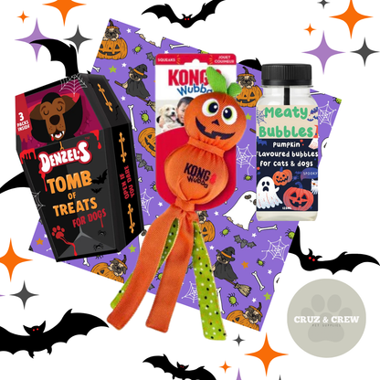 PRE ORDER - Halloween Dog Bundle – Treats, Toy, Bandanna & Meaty Bubbles 🎃🐾